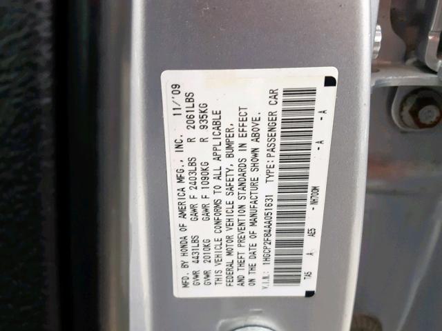 1HGCP2F84AA051631 - 2010 HONDA ACCORD EXL GRAY photo 10