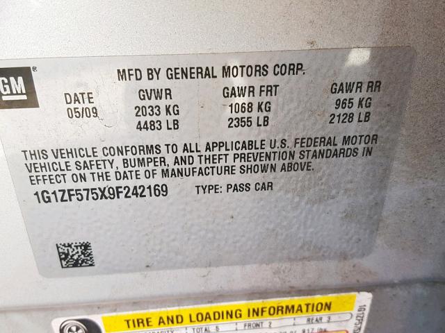 1G1ZF575X9F242169 - 2009 CHEVROLET MALIBU HYB SILVER photo 10