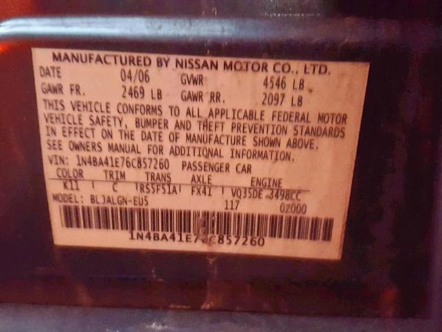 1N4BA41E76C857260 - 2006 NISSAN MAXIMA SE GRAY photo 10