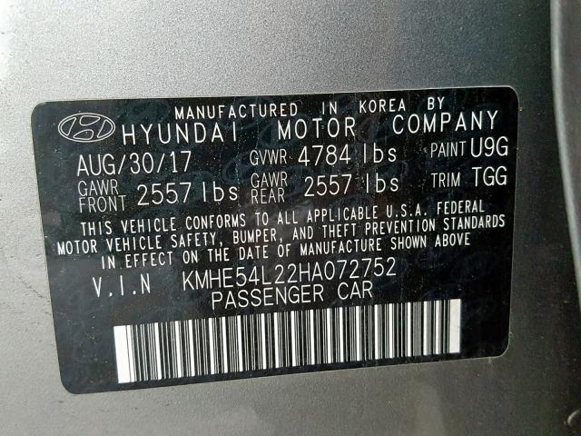 KMHE54L22HA072752 - 2017 HYUNDAI SONATA PLU GRAY photo 10