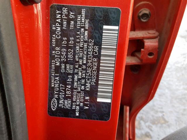 KMHCT5AE3HU348662 - 2017 HYUNDAI ACCENT SE RED photo 10