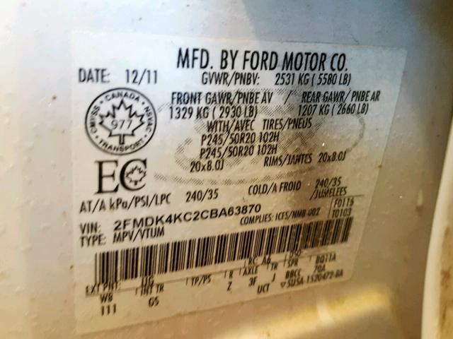 2FMDK4KC2CBA63870 - 2012 FORD EDGE LIMIT WHITE photo 10