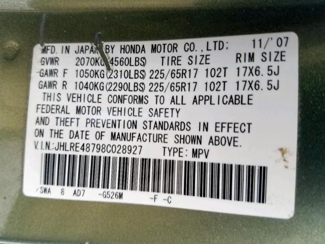 JHLRE48798C028927 - 2008 HONDA CR-V EXL GREEN photo 10