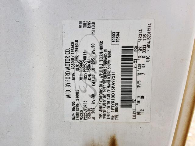 1FTYR10D15PA97211 - 2005 FORD RANGER WHITE photo 10