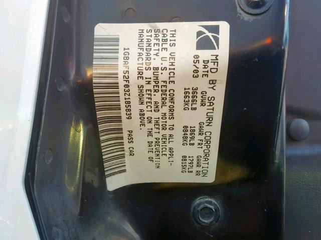 1G8AF52F03Z185839 - 2003 SATURN ION LEVEL WHITE photo 10