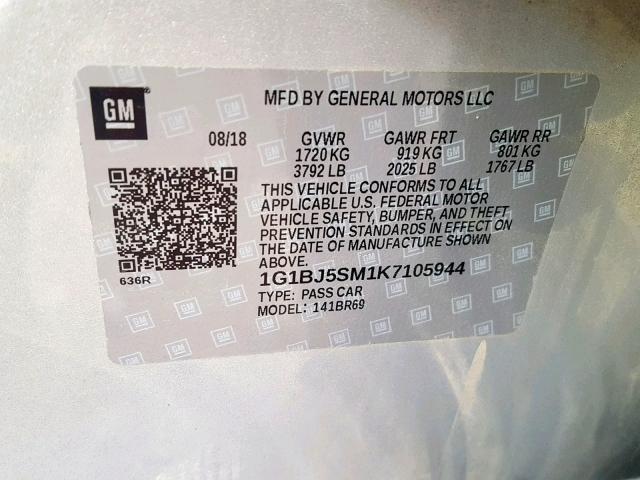 1G1BJ5SM1K7105944 - 2019 CHEVROLET CRUZE GRAY photo 10