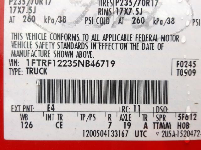 1FTRF12235NB46719 - 2005 FORD F150 RED photo 10