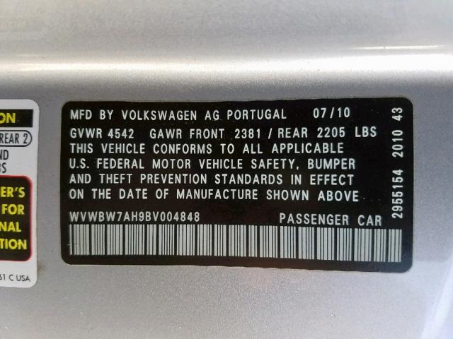 WVWBW7AH9BV004848 - 2011 VOLKSWAGEN EOS KOMFOR SILVER photo 10