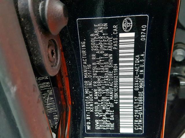 4T1BK1EB6GU211804 - 2016 TOYOTA AVALON XLE BLACK photo 10