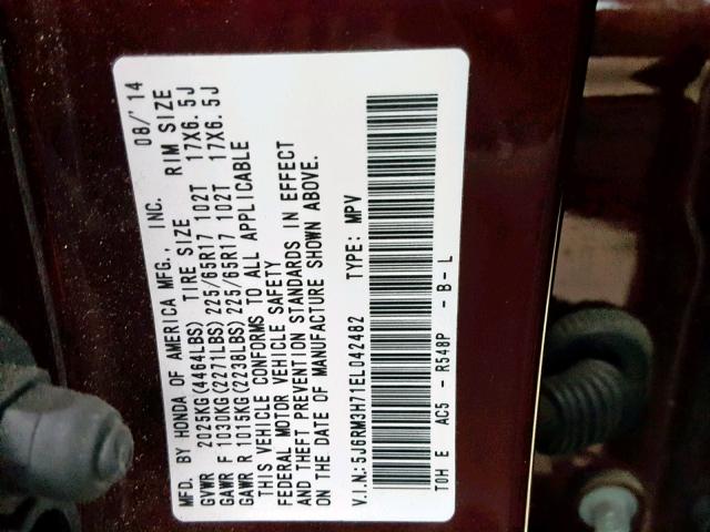 5J6RM3H71EL042482 - 2014 HONDA CR-V EXL MAROON photo 10