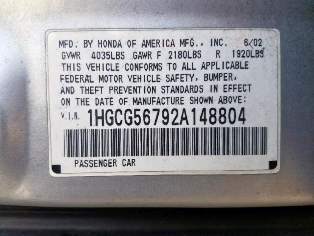 1HGCG56792A148804 - 2002 HONDA ACCORD SE SILVER photo 10