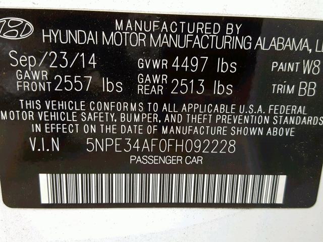 5NPE34AF0FH092228 - 2015 HYUNDAI SONATA SPO WHITE photo 10