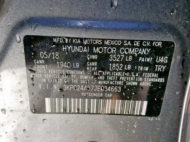 3KPC24A37JE034663 - 2018 HYUNDAI ACCENT SEL GRAY photo 10