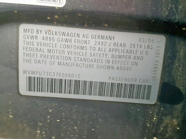 WVWPU73C37E008012 - 2007 VOLKSWAGEN PASSAT 3.6 GRAY photo 10