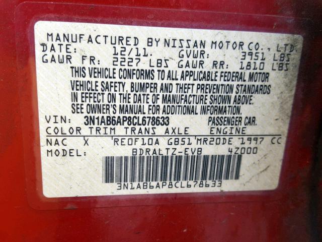 3N1AB6AP8CL678633 - 2012 NISSAN SENTRA 2.0 RED photo 10