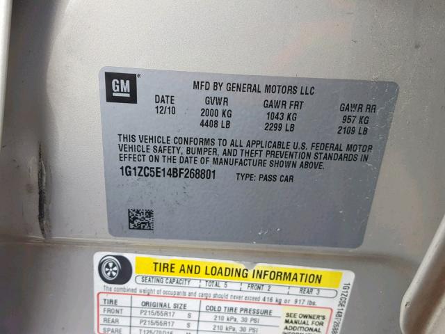 1G1ZC5E14BF268801 - 2011 CHEVROLET MALIBU 1LT BEIGE photo 10