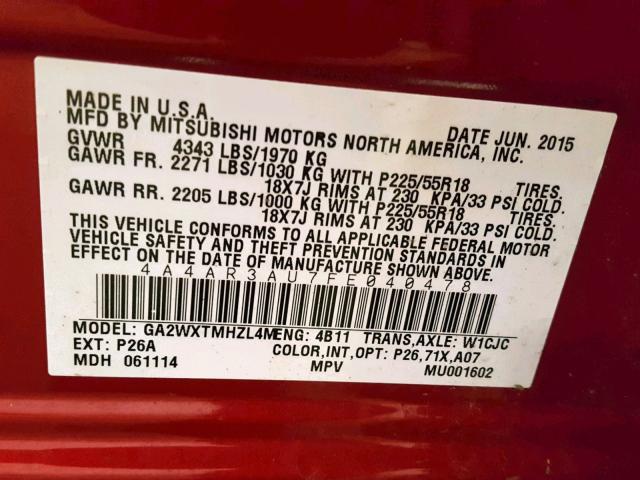 4A4AR3AU7FE040478 - 2015 MITSUBISHI OUTLANDER RED photo 10