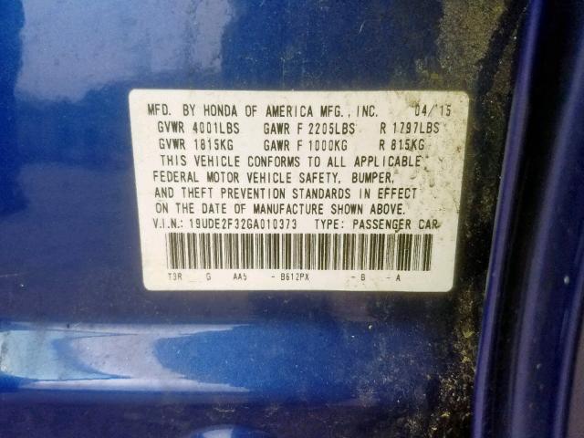 19UDE2F32GA010373 - 2016 ACURA ILX BASE W BLUE photo 10