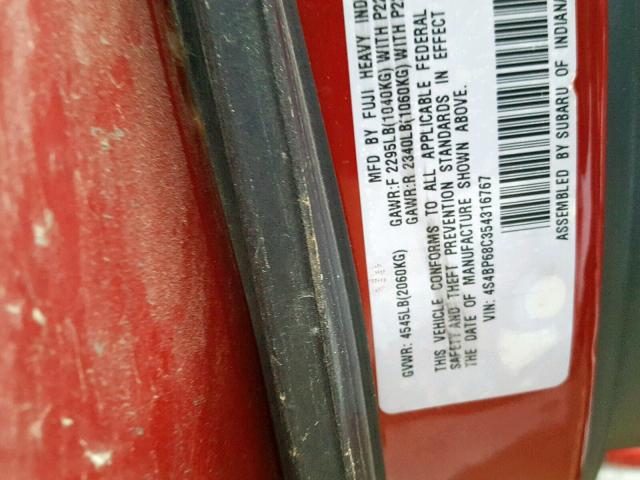 4S4BP68C354316767 - 2005 SUBARU LEGACY OUT RED photo 10