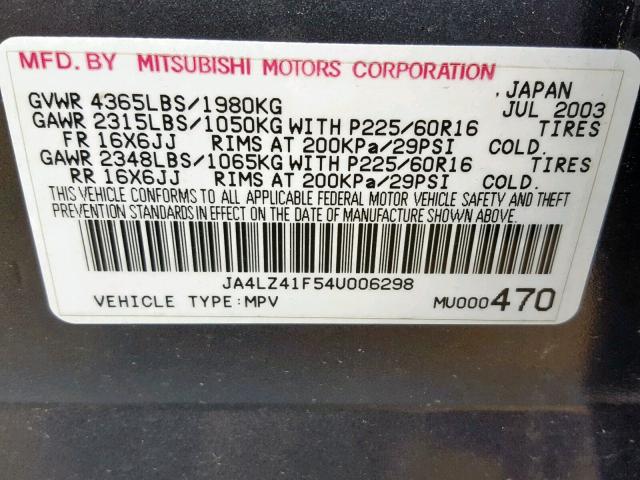 JA4LZ41F54U006298 - 2004 MITSUBISHI OUTLANDER GRAY photo 10