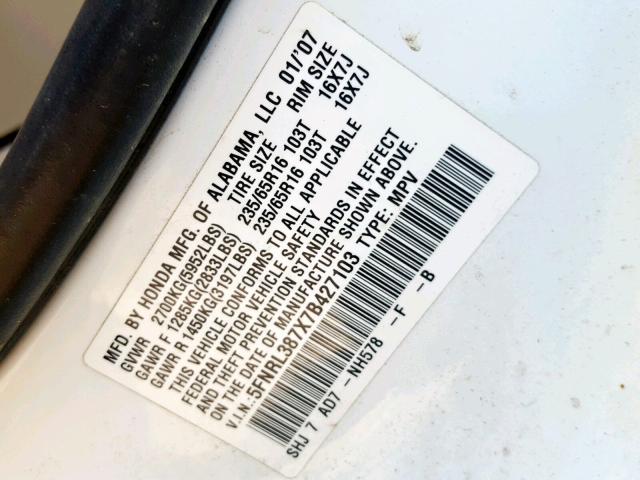 5FNRL387X7B427103 - 2007 HONDA ODYSSEY EX WHITE photo 10