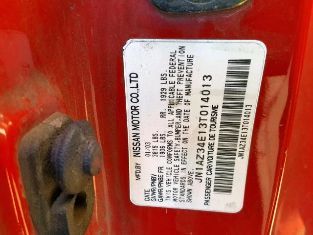 JN1AZ34E13T014013 - 2003 NISSAN 350Z COUPE RED photo 10