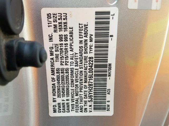 5J6YH28716L004228 - 2006 HONDA ELEMENT EX SILVER photo 10