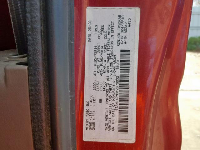4TANL42N8YZ679032 - 2000 TOYOTA TACOMA RED photo 10
