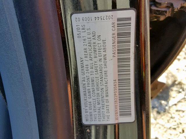 WVWRH63B22P030434 - 2002 VOLKSWAGEN PASSAT GLX BLACK photo 10