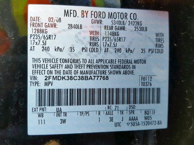 2FMDK38C38BA77768 - 2008 FORD EDGE SEL BLACK photo 10