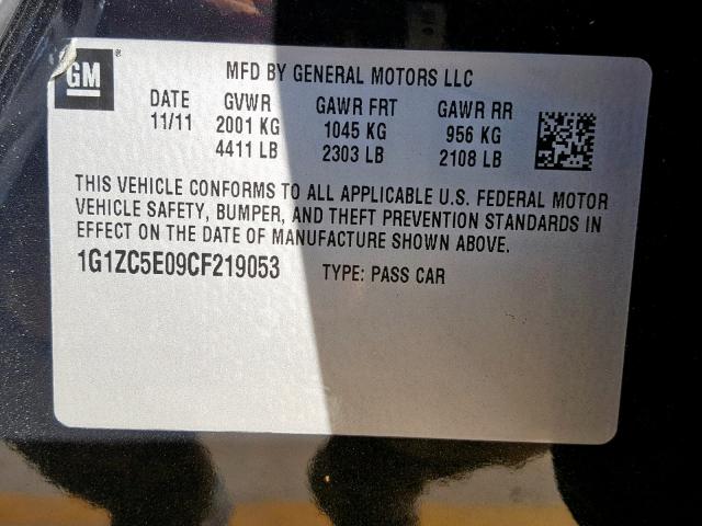 1G1ZC5E09CF219053 - 2012 CHEVROLET MALIBU 1LT 黑色 照片 10