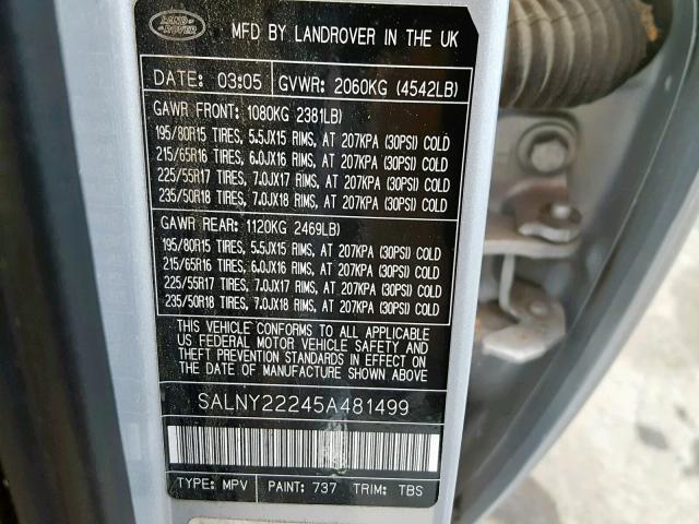 SALNY22245A481499 - 2005 LAND ROVER FREELANDER SILVER photo 10