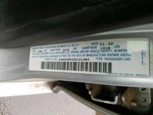 3VWSK69M32M121484 - 2002 VOLKSWAGEN JETTA GLS SILVER photo 10