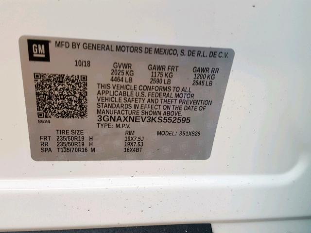 3GNAXNEV3KS552595 - 2019 CHEVROLET EQUINOX PR WHITE photo 10