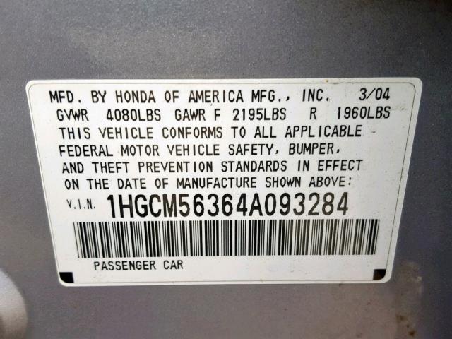 1HGCM56364A093284 - 2004 HONDA ACCORD LX SILVER photo 10