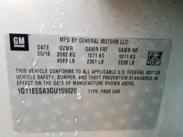 1G11E5SA3GU159020 - 2016 CHEVROLET MALIBU LIM ვერცხლისფერი ფოტო 10