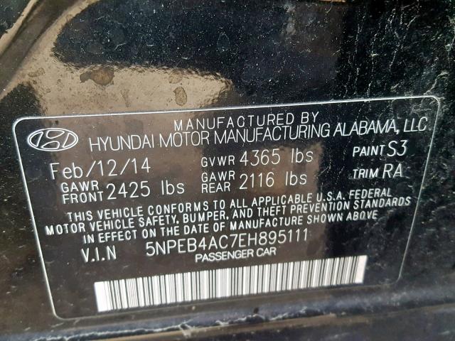 5NPEB4AC7EH895111 - 2014 HYUNDAI SONATA GLS BLACK photo 10