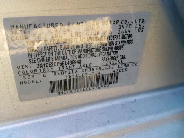 3N1CE2CP6EL436948 - 2014 NISSAN VERSA NOTE SILVER photo 10