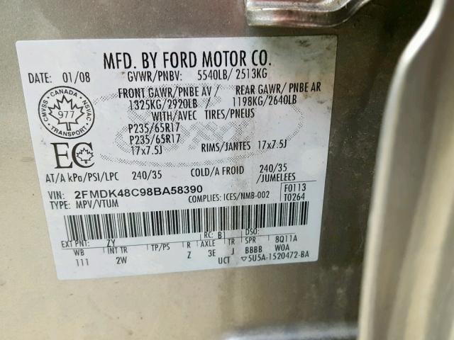 2FMDK48C98BA58390 - 2008 FORD EDGE SEL SILVER photo 10