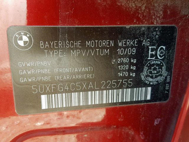 5UXFG4C5XAL225755 - 2010 BMW X6 XDRIVE3 RED photo 10