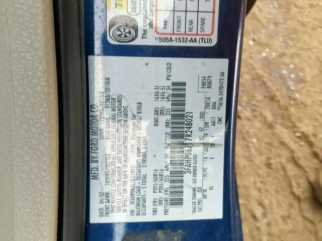 3FAHP06Z17R248021 - 2007 FORD FUSION S BLUE photo 10