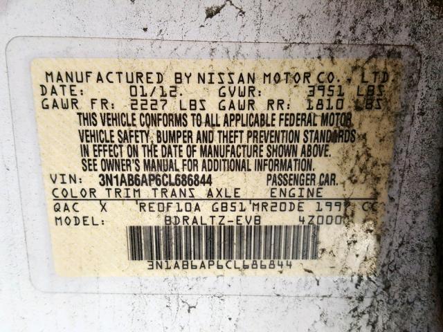 3N1AB6AP6CL686844 - 2012 NISSAN SENTRA 2.0 WHITE photo 10