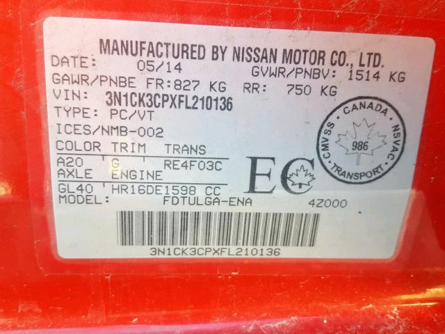 3N1CK3CPXFL210136 - 2015 NISSAN MICRA RED photo 10