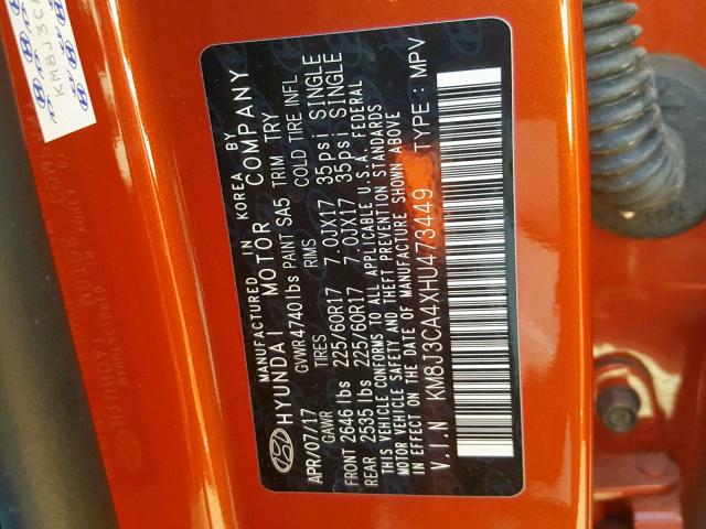 KM8J3CA4XHU473449 - 2017 HYUNDAI TUCSON LIM ORANGE photo 10