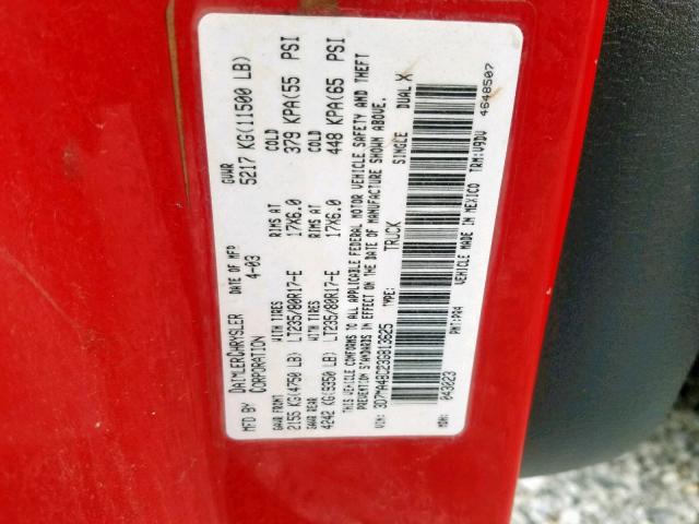 3D7MA48C23G813625 - 2003 DODGE RAM 3500 S RED photo 10