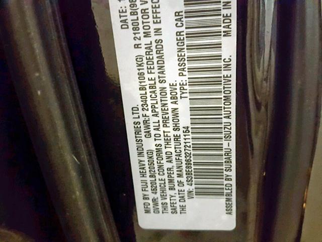 4S3BE896327211154 - 2002 SUBARU LEGACY OUT BLACK photo 10