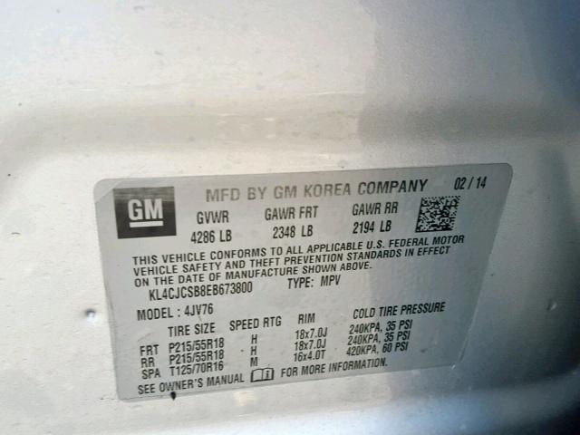 KL4CJCSB8EB673800 - 2014 BUICK ENCORE SILVER photo 10