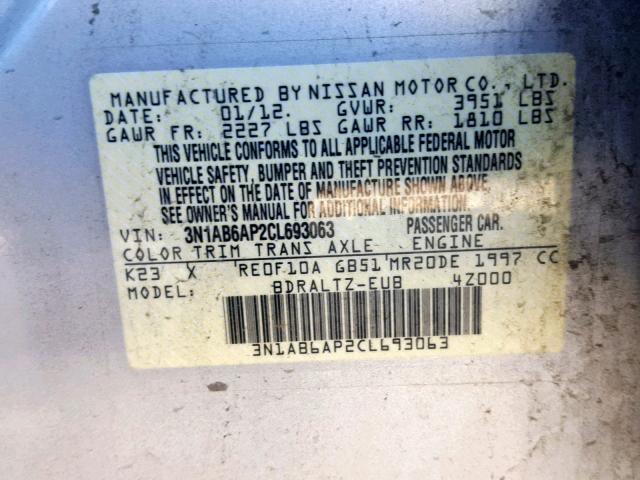 3N1AB6AP2CL693063 - 2012 NISSAN SENTRA 2.0 SILVER photo 10