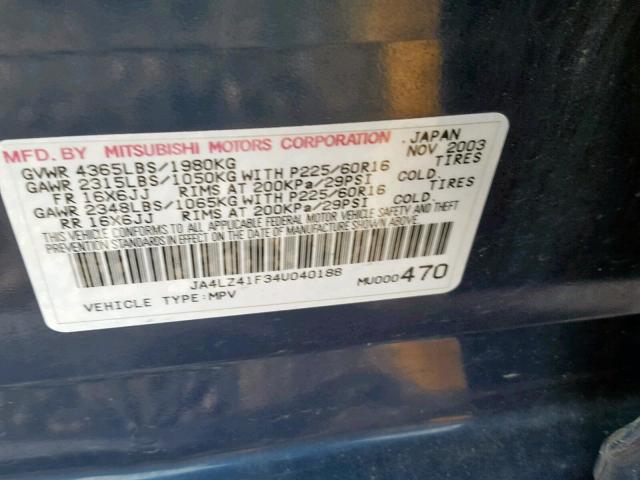 JA4LZ41F34U040188 - 2004 MITSUBISHI OUTLANDER BLUE photo 10