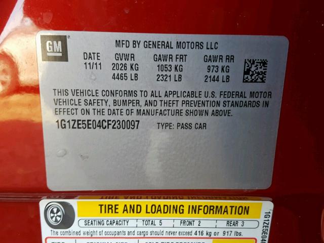 1G1ZE5E04CF230097 - 2012 CHEVROLET MALIBU LTZ წითელი ფოტო 10